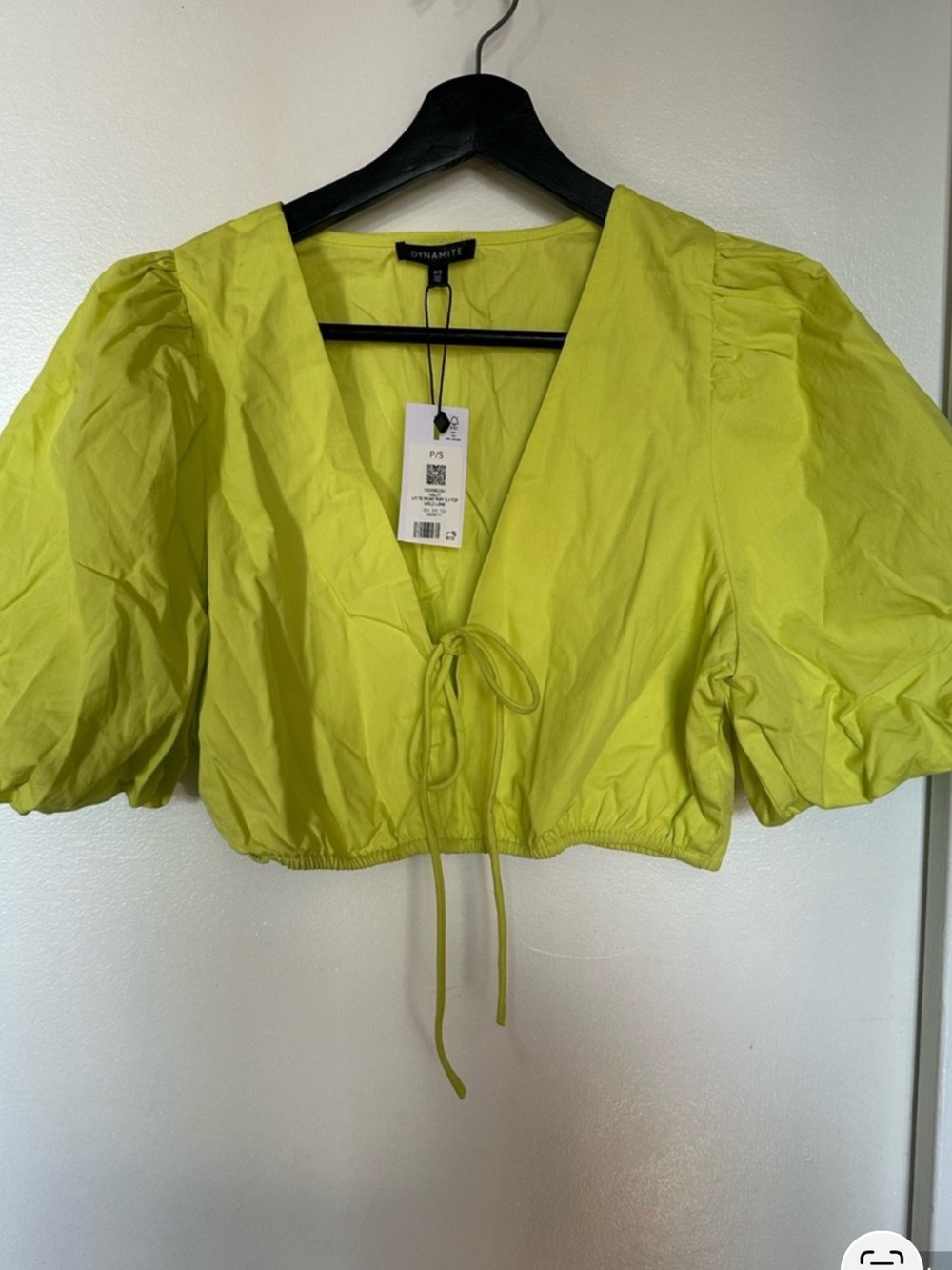 Dynamite Neon Chartreuse Puff Sleeve Tie-Front Crop Top